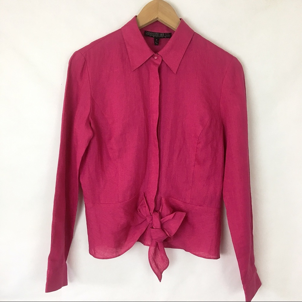 Lafayette NY 148 magenta linen tie-up blouse